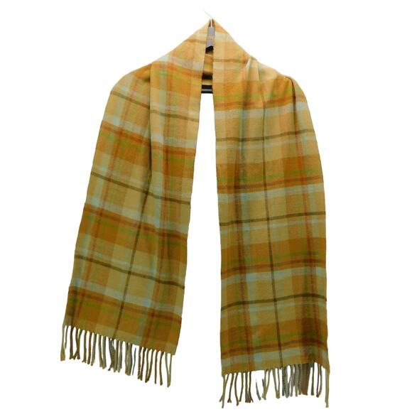 Cashmere 100%  Plaid Scarf Fringe with tones of Yellow, Brown, Cream and Green - Picture 3 of 11